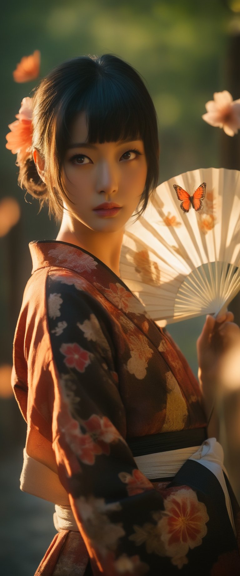 1girl, solo, looking at viewer, short hair, bangs, black hair, hair ornament, long sleeves, holding, brown eyes, closed mouth, standing, flower, sidelocks, cowboy shot, outdoors, parted lips, japanese clothes, day, hair flower, wide sleeves, kimono, blurry, from side, lips, looking to the side, sash, depth of field, blurry background, obi, floral print, bug, fire, red flower, butterfly, hand fan, backlighting, arm at side, yukata, print kimono, holding fan, black kimono, paper fan

