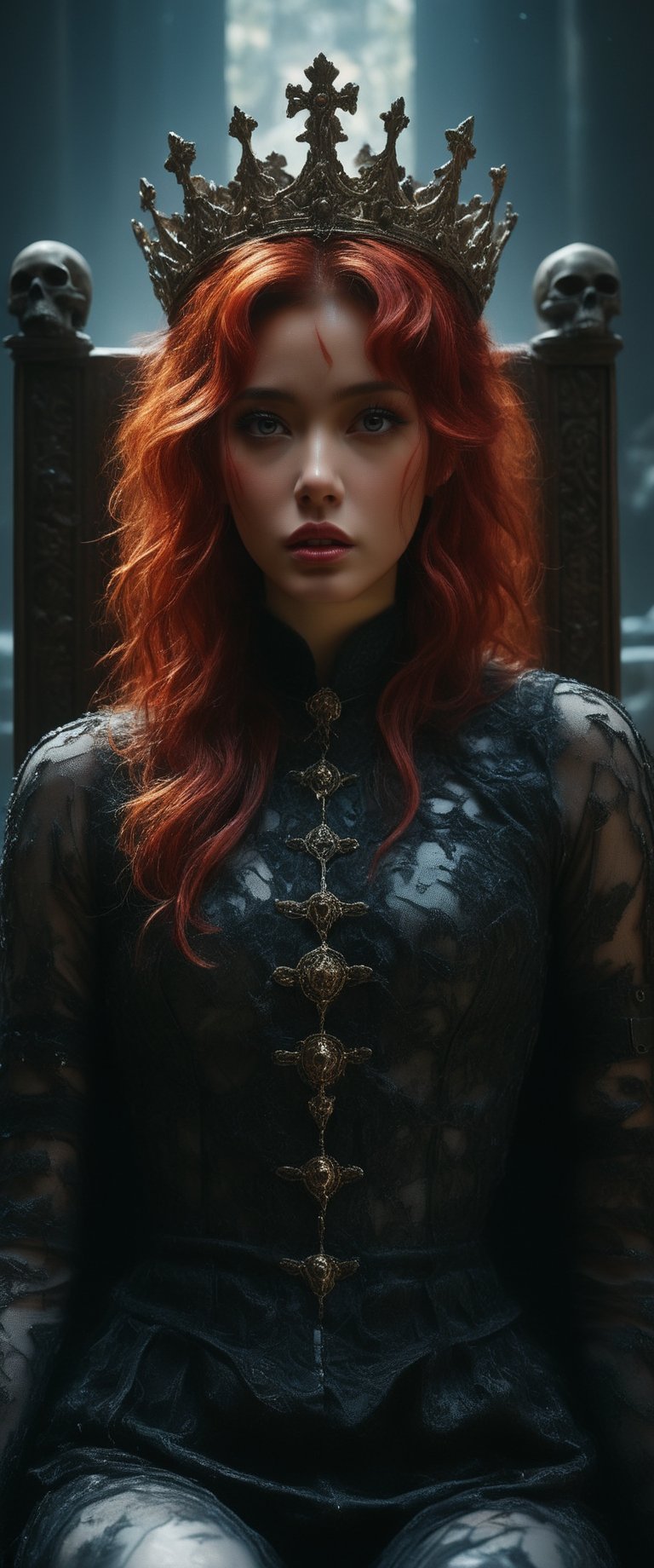 breathtaking ethereal RAW photo of female, (((by John Collier, John William Waterhouse, pinup style, silver, gold), perfect anatomy,The Queen of the Damned sits regally on her throne of black iron and red gems, her presence commanding and formidable. Her legs are crossed elegantly, exuding both power and grace. She wears a magnificent crown that sparkles atop her head, complementing her long, bright red hair that cascades over her shoulders like a fiery waterfall. Her dark makeup accentuates her piercing red eyes, making them glow with an intense, otherworldly light. ,DonMH4ny4XL,
 )), dark and moody style, perfect face, outstretched perfect hands. masterpiece, professional, award-winning, intricate details, ultra high detailed, 64k, dramatic light, volumetric light, dynamic lighting, Epic, splash art .. ), by james jean $, roby dwi antono $, ross tran $. francis bacon $, michal mraz $, adrian ghenie $, petra cortright $, gerhard richter $, takato yamamoto $, ashley wood, tense atmospheric, , , , sooyaaa,IMGFIX,Comic Book-Style,Movie Aesthetic,action shot,photo r3al ,bad quality image,oil painting, cinematic moviemaker style,Japan Vibes,H effect,koh_yunjung ,koh_yunjung,kwon-nara,sooyaaa,colorful,bones,skulls,armor,han-hyoju-xl
,DonMn1ghtm4reXL, ct-fujiii,ct-jeniiii, ct-goeuun,mad-cyberspace,FuturEvoLab-mecha,cinematic_grain_of_film,a frame of an animated film of,score_9,3D,style akirafilm,Wellington22A,Mina Tepes,lucia:_plume_(sinful_oath )_(punishing:_g,VAMPL, FANG-L ,kizuki_rei, ct-eujiiin,Jujutsu Kaisen Season 2 Anime Style,ChaHaeInSL,Mavelle,Uguisu Anko,Zenko