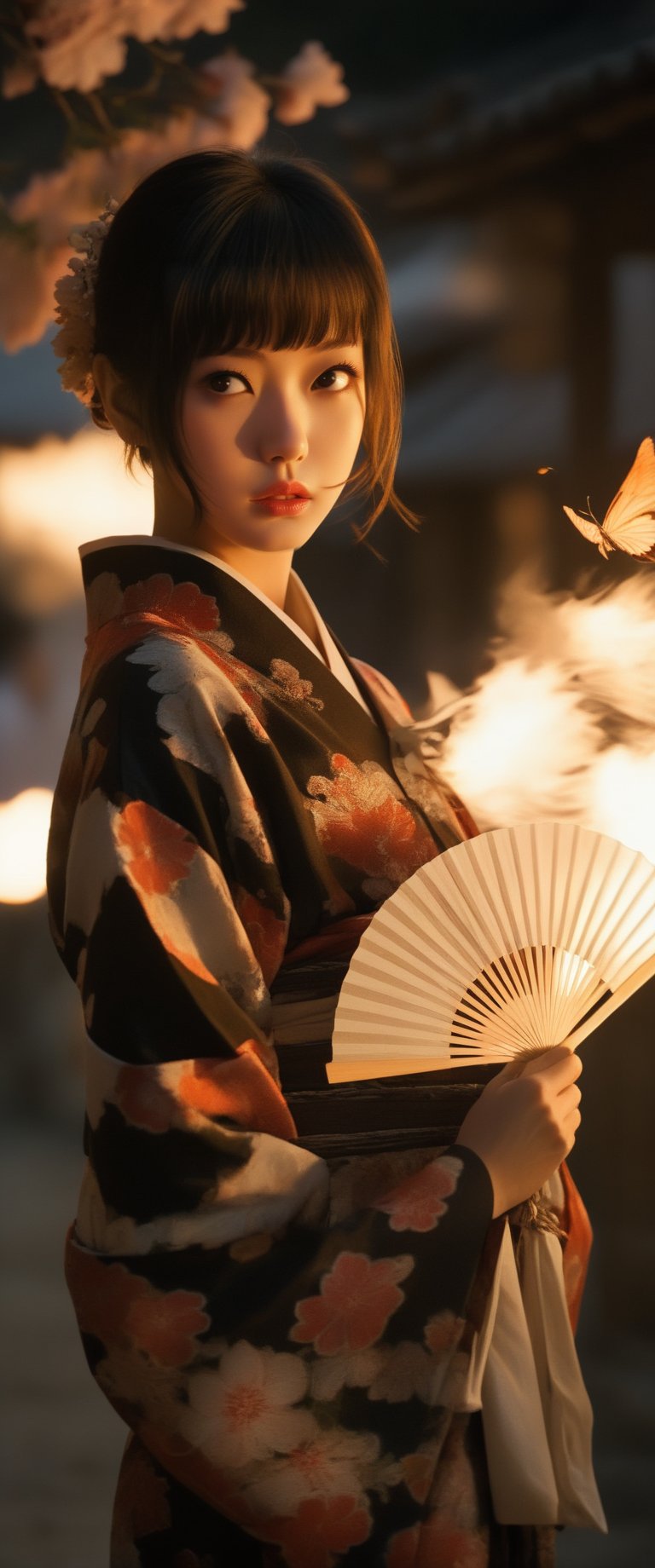 1girl, solo, looking at viewer, short hair, bangs, black hair, hair ornament, long sleeves, holding, brown eyes, closed mouth, standing, flower, sidelocks, cowboy shot, outdoors, parted lips, japanese clothes, day, hair flower, wide sleeves, kimono, blurry, from side, lips, looking to the side, sash, depth of field, blurry background, obi, floral print, bug, fire, red flower, butterfly, hand fan, backlighting, arm at side, yukata, print kimono, holding fan, black kimono, paper fan, 1girl, solo, looking at viewer, short hair, bangs, black hair, hair ornament, long sleeves, holding, brown eyes, closed mouth, standing, flower, sidelocks, cowboy shot, outdoors, parted lips, japanese clothes, day, hair flower, wide sleeves, kimono, blurry, from side, lips, looking to the side, sash, depth of field, blurry background, obi, floral print, bug, fire, red flower, butterfly, hand fan, backlighting, arm at side, yukata, print kimono, holding fan, black kimono, paper fan, cherry_blossom



,More Reasonable Details,Details