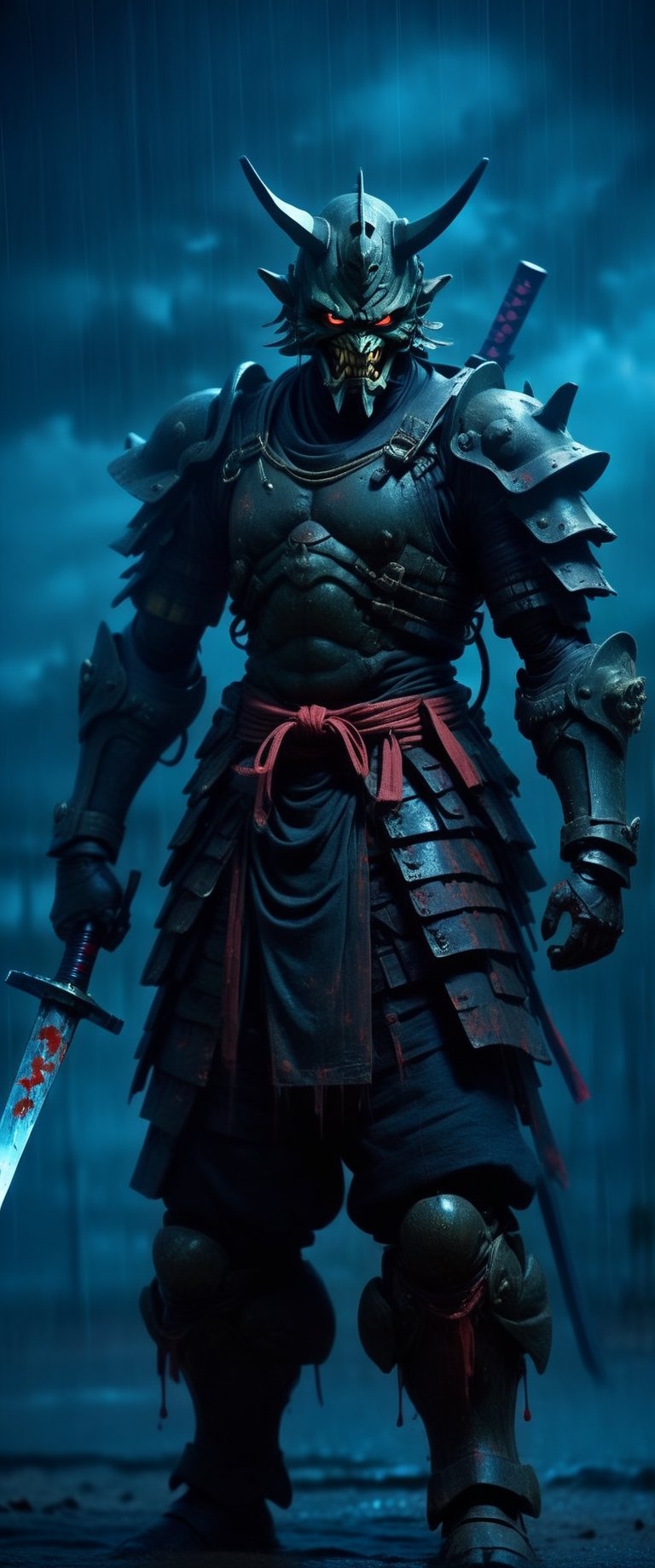 cyber Samurai with a huge sword covered in blood looks at the enemy,  stands after the battle,  oni robot mask by ctmaker...