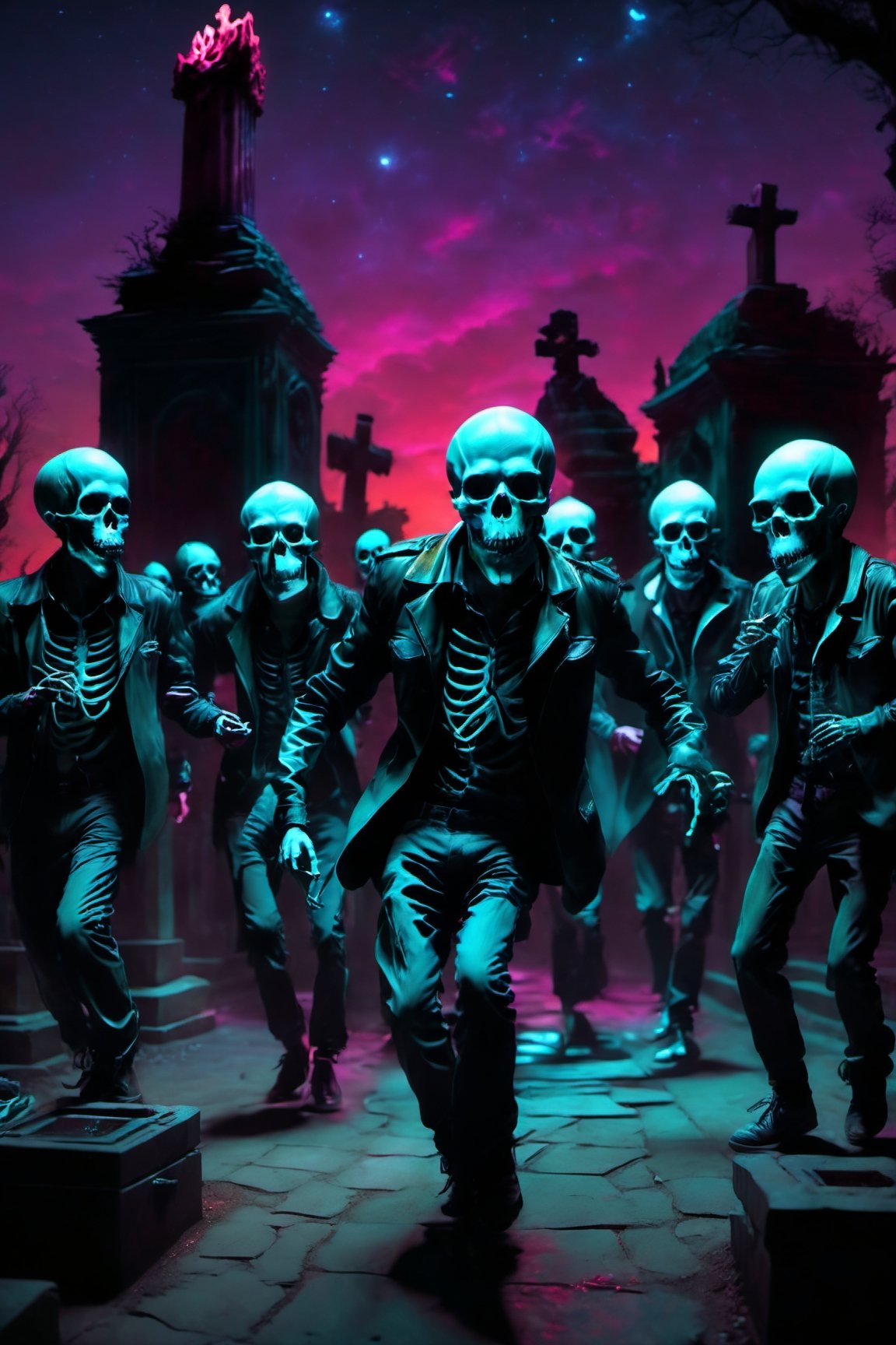 a group of skeleton dj dancing in a cementery party,  ,  . dark tense and unsettling atmosphere.cementery by ctmaker on Te...