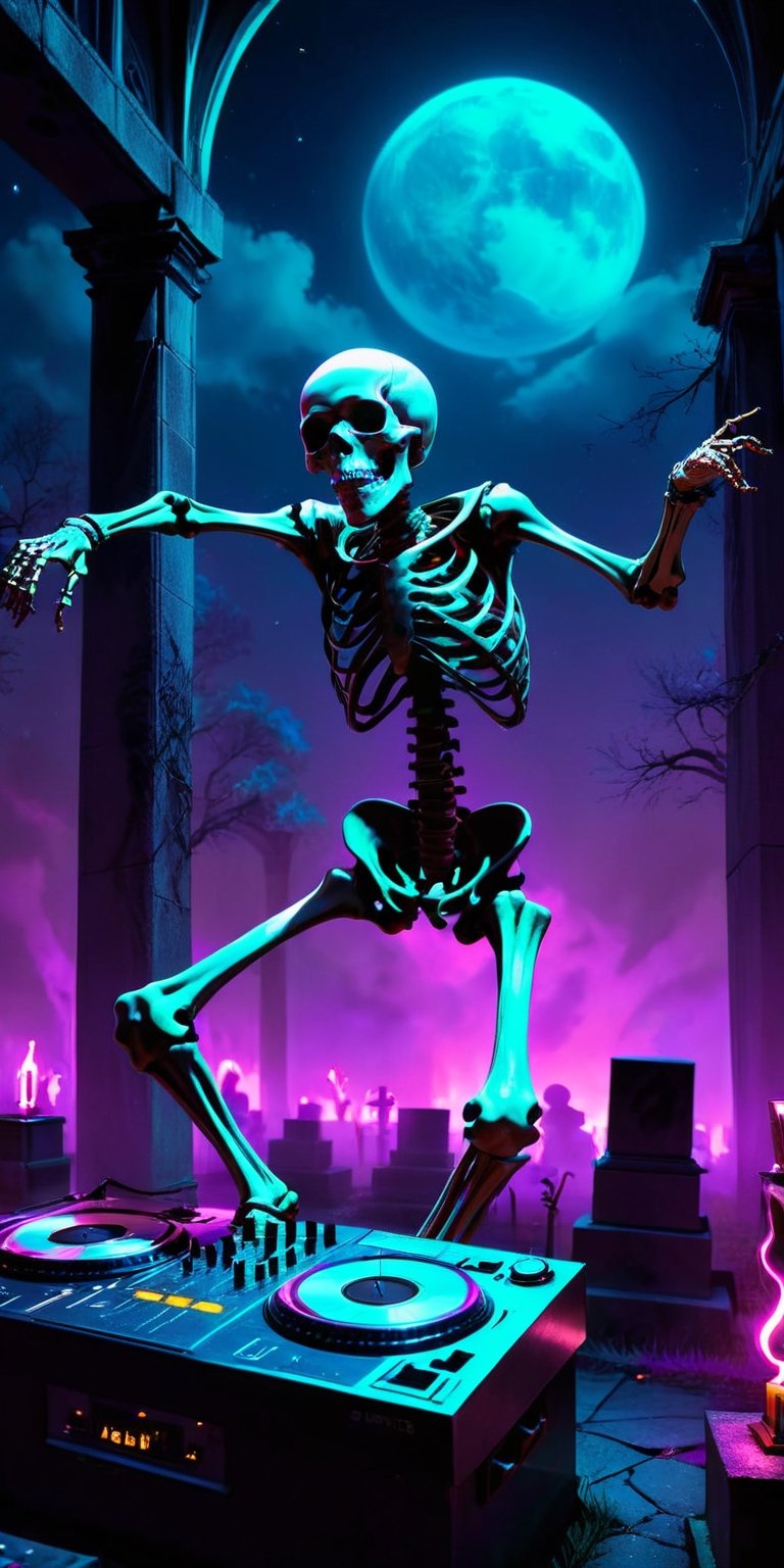 a skeleton dj dancing in a cementery party,  ,  . dark tense and unsettling atmosphere.cementery by ctmaker on Tensor.Art