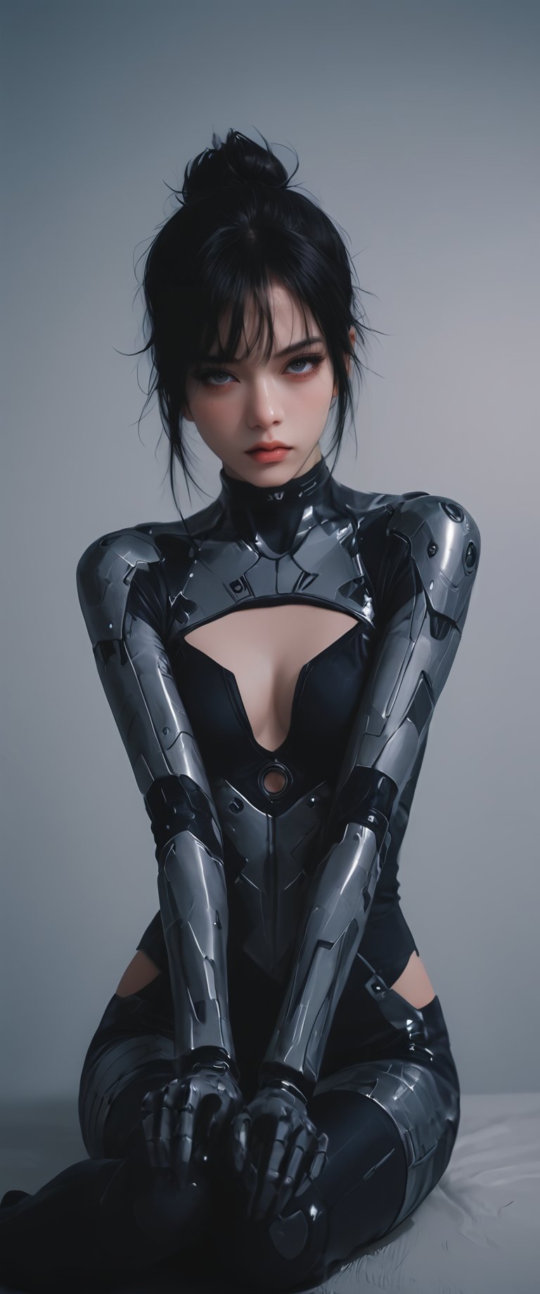 A solo female cyborg stands tall,  gazing directly at the viewer with a fierce intensity. Her short,  black hair is styled...
