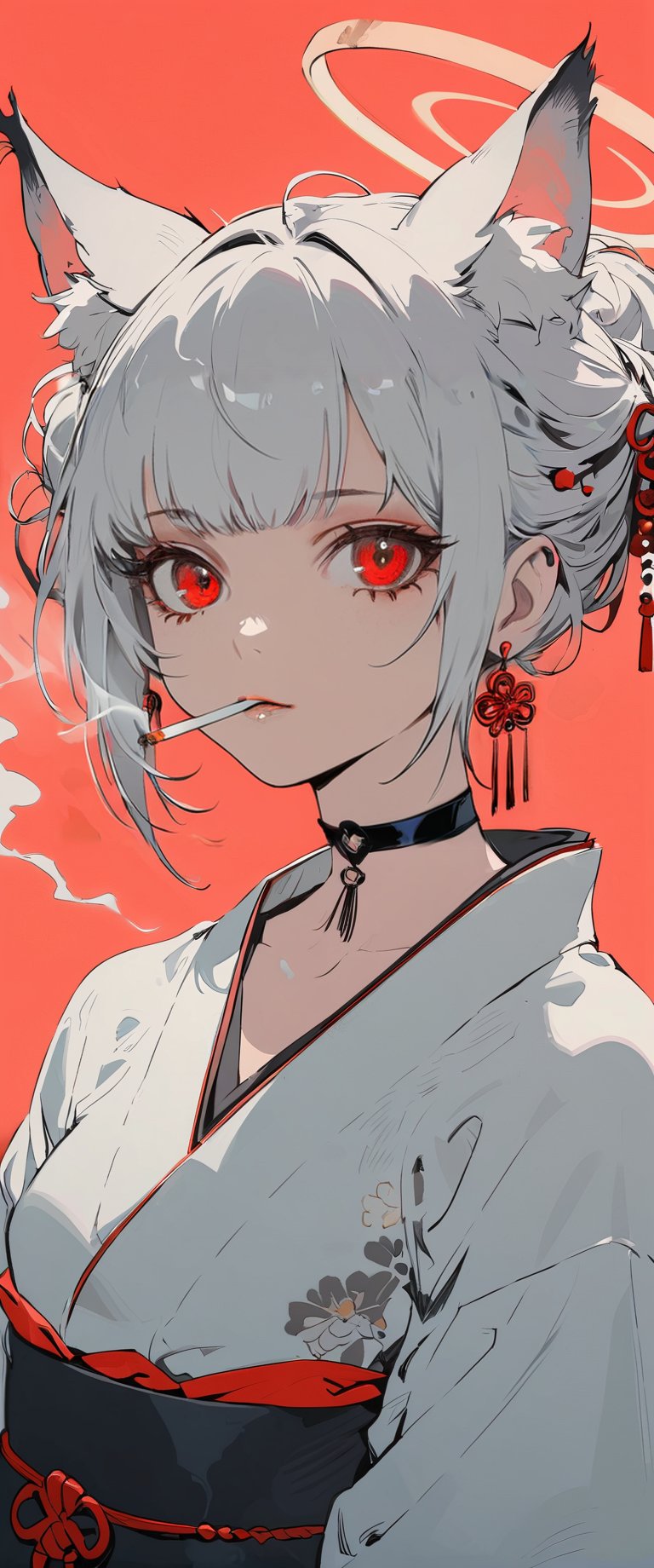 (by Carne Griffiths, Conrad Roset), 1girl, solo, looking at viewer, short hair, bangs, red eyes, animal ears, jewelry, upper body, white hair, earrings, japanese clothes, horns, choker, kimono, animal ear fluff, black choker, halo, red background, smoke, cigarette, white kimono, smoking, egasumi m3,Dark Manga of