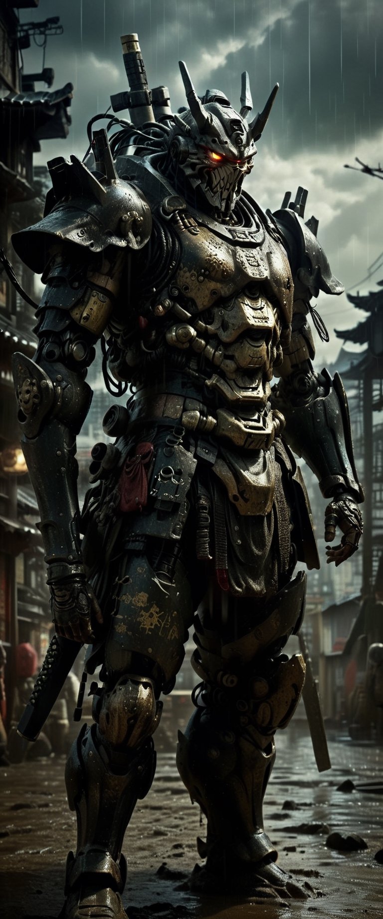 cyber Samurai looks at the enemy,  stands after the battle,  oni robot mask by ctmaker on Tensor.Art