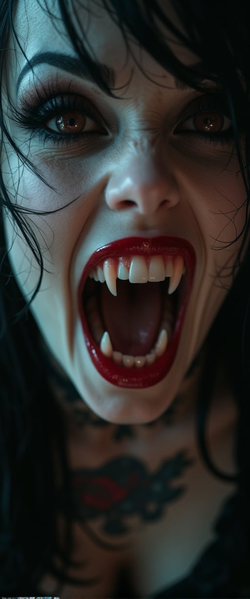 a high-speed action photograph of a beautiful, wicked female vampire. She has very long sharp fangs. She has large, crimson-streaked black eyes filled with malice and desire, extravagant dark eyelashes, perfect crimson rose tattoo, pretty gothic-core punk-style dress and wicked stiletto high heel boots, gleaming black lips, white skin, she exudes evil and dominance. Action shot of her snarling and attacking the viewer. Depth of Field, cinematic atmosphere, beautiful photography, 35mm, Canon EOS 5D Mark IV DSLR, f/5.6 aperture, 1/125 second shutter speed, punk.,ct-skyzo_identity