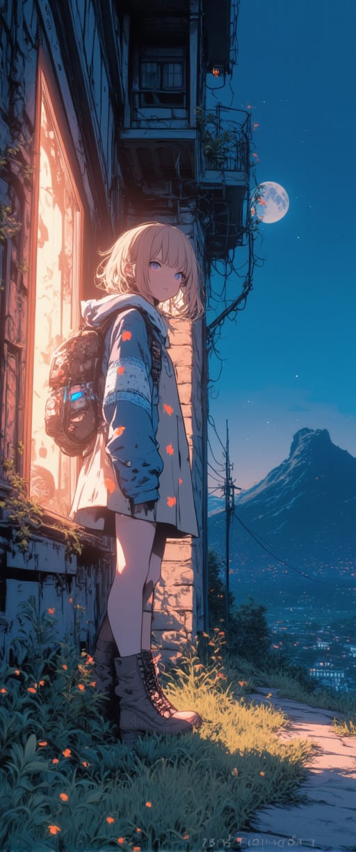 a medium-sized anime girl stands in front of a window(night). She is wearing a light-colored dress, adorned with a floral pattern, and a pair of brown boots with laces on them. Her hair is short, cascades over her shoulders, adding a touch of warmth to the scene. The girl's dress is adorned with small orange stars and a blue shirt with a white design on it, she is wearing a luminiscent and transparent cristal backpack,glowing. She stands on a concrete sidewalk, her left leg is crossed, and her right leg is slightly bent at the elbow. Her left foot is crossed at the knee, while her right foot is straight at the bottom. The backdrop is a vast expanse of grass, with a mountain in the distance. The sky is a deep blue, and the moon is setting, creating a soft glow.