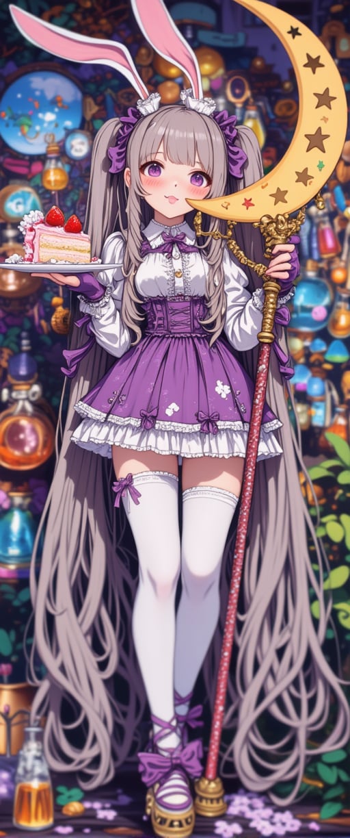 An eccentric fantasy girl stands confidently in front of a colorful backdrop in a short-sleeved ruffled dress and thigh-high white stockings. Her long grey hair flows down her back and is tied with a purple ribbon, on top of which she has bunny ears. She stares straight at the viewer with a blush on her cheeks and playfully sticks out her tongue while holding a plate with a slice of strawberry cake and a bottle of sparkling drink. A crescent-shaped walking stick adorned with stars and star symbols leans against her leg. Her outfit is completed with purple bow-tie-like gloves that match her footwear. The overall atmosphere is vibrant, excited and playful. VNS_Add more details,Color,1girl
