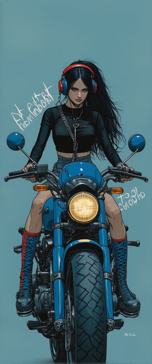 a girl riding a blue motorcycle. The girl is wearing a black long sleeve shirt and a blue and white skirt. She is also wearing a pair of blue and red boots. Her long black hair is pulled back in a ponytail. She has headphones on her head and earphones in her ears. The motorcycle is made of metal and has a black tire on the front. The background is a light blue color with white writing on it.. Amidst this moody, atmospheric setting, her elegant posture exudes an enchanting contrast, drawing us in to unravel the secrets of her mysterious world.,ct-identityV2,ct-colority,ct-sensanime,ct-bustyy2,ct-chainb,ct-fititty,ct-leetity