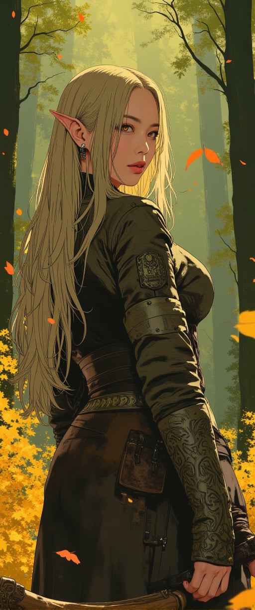 fantasy stylized illustration, elven female archer, profile view, full body shot, masterpiece, high detail, cinematic composition, dramatic lighting character details: elven woman, long blonde hair flowing in wind, pointed ears, serious and focused expression, eyes fixed on target, anime, cyberpunk, ne0nfant4sy, Anime style. pose: archer in full draw position, bow pulled back, arms taut, body angled for perfect form armor: light leather armor with leaf motifs, form-fitting for mobility, arm guards on wrists, quiver on back weapon: ornate wooden longbow, intricately carved with elven designs environment: dense forest backdrop, dappled sunlight filtering through leaves, autumn colors, falling leaves in foreground lighting: golden hour sunlight, rays piercing through trees, creating a magical atmosphere mood: tense, alert, ready for action style: highly detailed digital painting, realistic fantasy, vibrant autumn colors additional elements: leaves and particles floating in air, lens flare effects, subtle magical aura around the archer, intricate elven patterns on armor and bow composition: character positioned on left third of frame, arrow pointing towards right side, creating dynamic tension,ct-rosity,ct-chainb,ct-animefilm,ct-kds