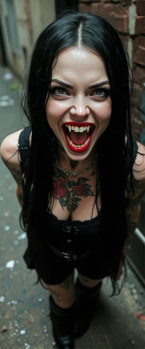 a high-speed action photograph of a beautiful, wicked female vampire. She has very long sharp fangs. She has large, crimson-streaked black eyes filled with malice and desire, extravagant dark eyelashes, perfect crimson rose tattoo, pretty gothic-core punk-style dress and wicked stiletto high heel boots, gleaming black lips, white skin, she exudes evil and dominance. Action shot of her snarling and attacking the viewer. Depth of Field, cinematic atmosphere, beautiful photography, 35mm, Canon EOS 5D Mark IV DSLR, f/5.6 aperture, 1/125 second shutter speed, punk.,ct-skyzo_identity,ct-arix,ct-chainb,ct-dbe,ct-chasartre,ct-bratz,ct-biskitity,ct-hyuntity,ct-leetity,ct-kbright