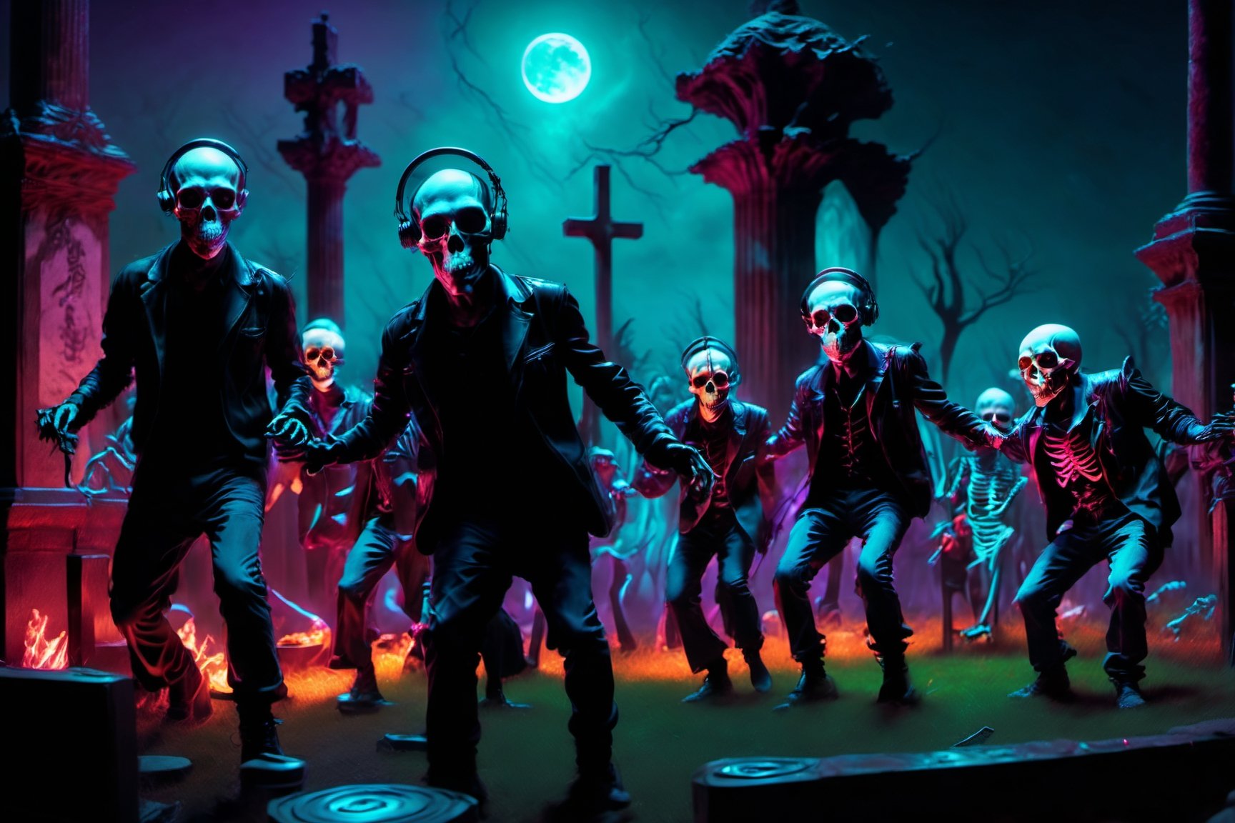 a group of skeleton dj dancing in a cementery party,  ,  . dark tense and unsettling atmosphere.cementery by ctmaker on Te...