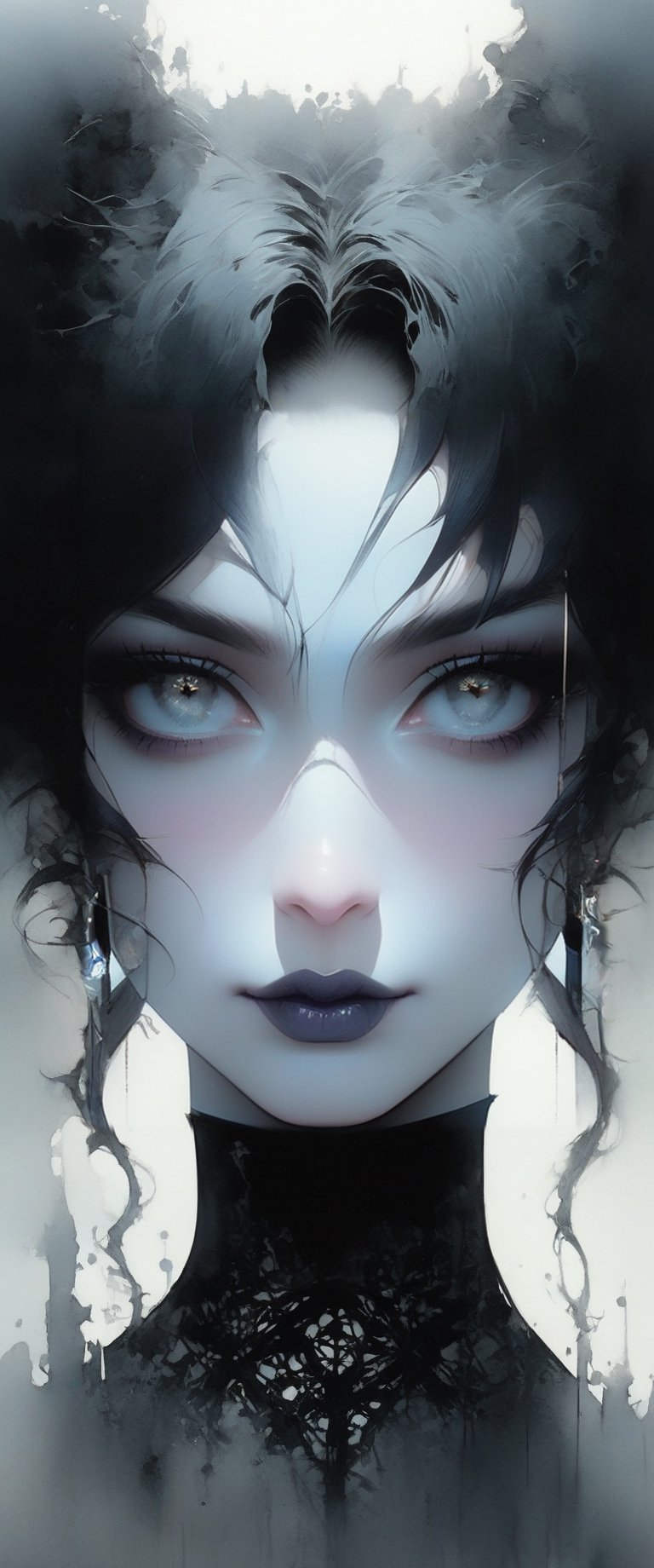 Mysterious dark watercolor creepypasta illustration,  girls looks like death in comics The Sandman line art watercolor was...