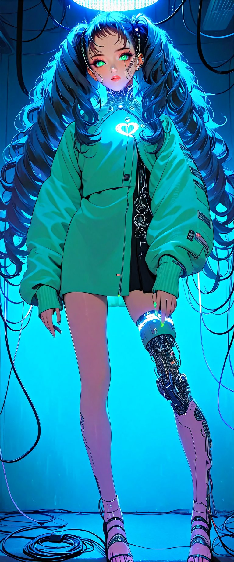 In a dimly lit, smoky cyberpunk nightclub, a cyborg girl stands out with her striking features. Her long, curly hair and piercing green eyes seem almost otherworldly as she flashes a finger heart symbol towards the camera. The strobe lights above cast an eerie glow on her metallic limbs, highlighting the intricate circuitry and wires beneath her smooth skin.