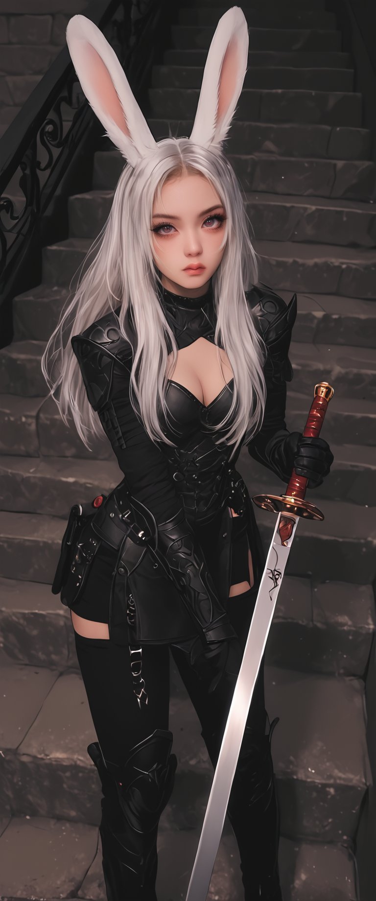 1girl, solo, long hair, breasts, looking at viewer, red eyes, thighhighs, holding, animal ears, cleavage, medium breasts, weapon, white hair, sword, holding weapon, armor, rabbit ears, glowing, stairs, viera

