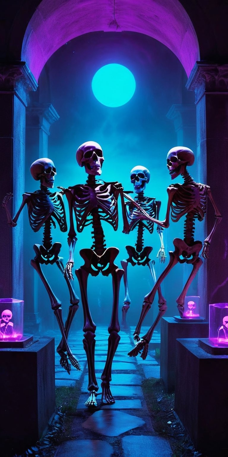 a group of skeleton dj dancing in a cementery party,  ,  . dark tense and unsettling atmosphere.cementery by ctmaker on Te...
