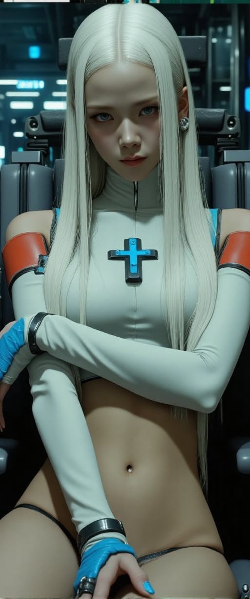 A cinematic photograph of a sultry cyberpunk mistress  a woman with long white hair, wearing a white bodysuit with a blue cross on the chest. She is sitting on a gray chair, her legs crossed, and her arms resting on the armrest of the chair. The woman's body is encased in a tight, revealing revealing a blue bikini bottom. Her arms are crossed, adding a touch of balance to the scene. The backdrop is a mechanical lab, , adding depth to the composition..,ct-coramay,ct-vituajis,ct-bubolz..,ct-coramay,ct-vituajis