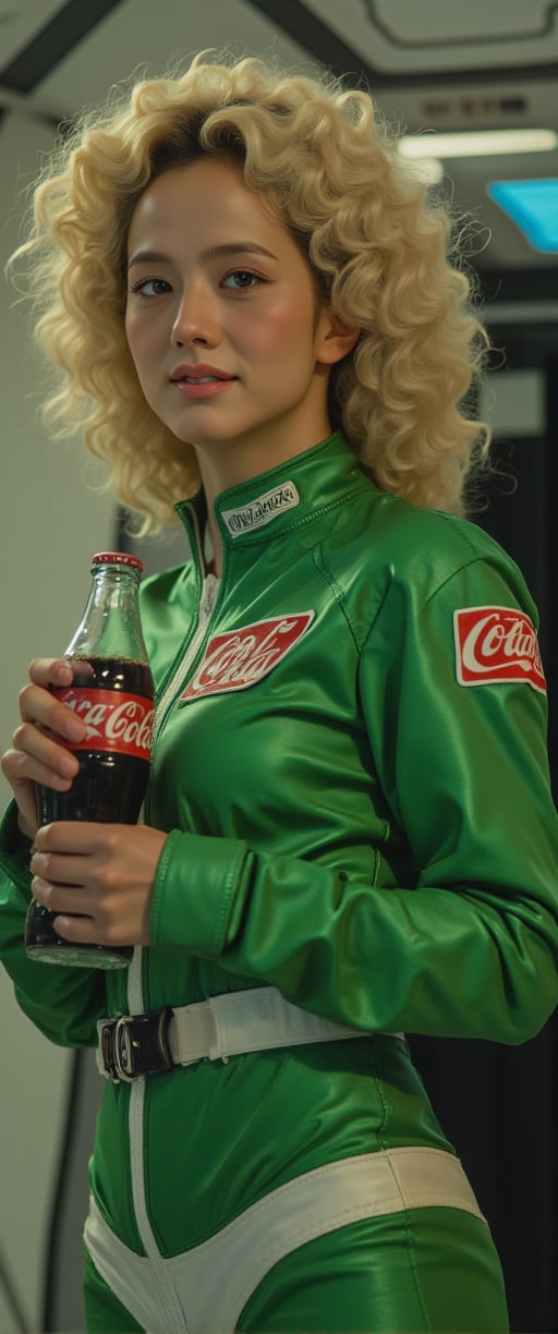 masterpiece, Movie Still, Film Still, Cinematic, Cinematic Shot, (RAW photo, 8k uhd, Analog style, Masterpiece, Best Quality, Highres:1.4), (dramatic, cinematic:1.2), BREAK, movie shot of (brutal:1.1)  woman with blond curly hair, sporting a green spacesuit, warmly smiles as she holds a bottle of Coca-Cola in her hand. She is depicted against the backdrop of a spaceship interior, enhancing the overall sci-fi feel of the illustration. , ,,ct-virtual,ct-virtual_v2,ct-visual,jisosmile