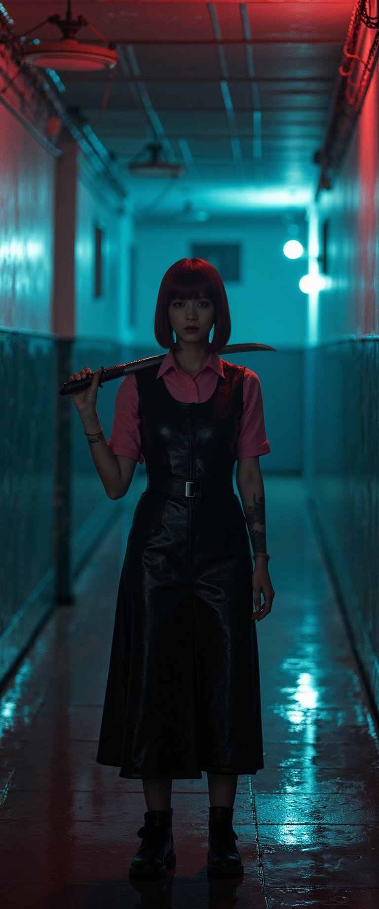 In a dimly lit, abandoned prison cell, a solitary figure stands, shrouded in an aura of dread and foreboding. A beautiful woman with a bob cut, two-tone hair, and a pink shirt under her black high-waisted skirt dons a latex uniform adorned with intricate tattoos. She holds a katana over her shoulder, its reflection rippling on the marble-patterned background like a dark mirror. Her face is a masterpiece of elegance and brutality, set against a backdrop of vivid colors and dramatic lighting. The overall composition evokes a sense of unity and chaos, as if the very fabric of reality has been torn asunder. In this cinematic masterpiece, the boundaries between horror art and realist portraiture blur, beckoning the viewer into a realm of beauty and unease., ct-virtual_jisoo