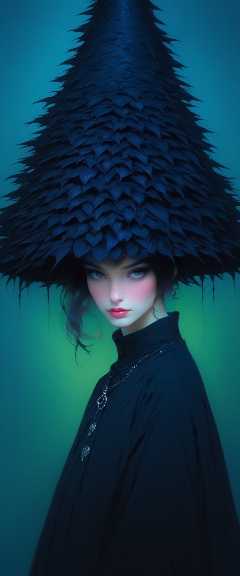 ((Add coprinus_comatus texture to her hat, witchhatshaped)), jagged edges, eye-catching detail, insanely intricate, vibrant light and shadow, beauty, textured, captivating, style of oil painting, modern ink, watercolor , brush strokes, negative white space,InkyCapWitchyHat,coprinus_comatus,ct-niji2,sooyaaa