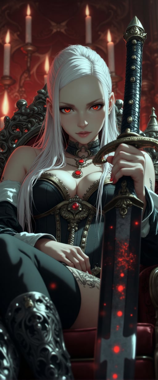 Image is a digital fantasy artwork featuring a gothic, medieval style. The layout centers on a woman seated on an ornate, dark throne with intricate carvings. She has long, flowing white hair and pale skin, with striking red eyes that stand out against her complexion. Her attire is a black, intricately designed corset with metallic accents, adorned with red gemstones that match the pendant around her neck. Her expression is intense and commanding. The background is dimly lit, with glowing candles adding a warm, ambient light. The overall atmosphere is mysterious and dark, enhanced by the presence of a large, decorative sword held upright in her hand. The setting suggests a regal, yet ominous environment, with a focus on the character's powerful and enigmatic presence. S1n0z1ck style, mythp0rt, samurai
.glasses

,ct-biskitity,ct-kds,ct-chasartre,ct-abu