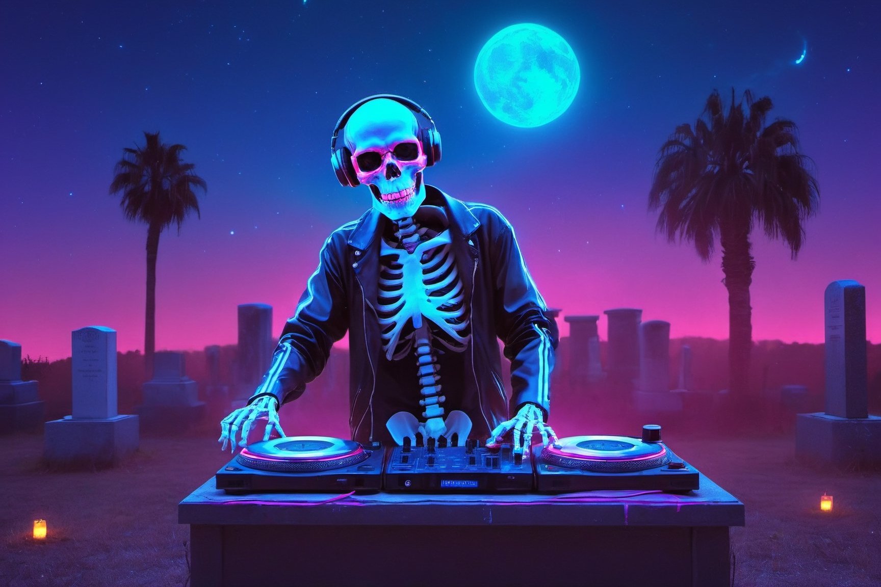 a skeleton dj dancing in a cementery party,  ,  . dark tense and unsettling atmosphere.cementery by ctmaker on Tensor.Art