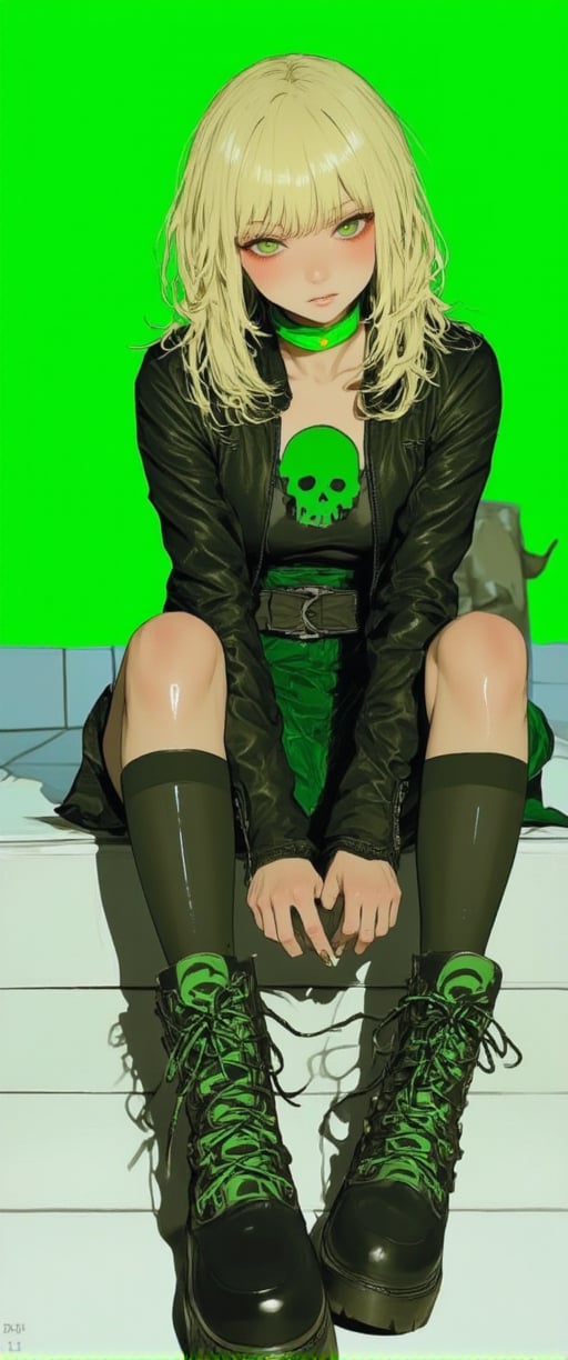 Aa medium-sized animated woman with blonde hair and green eyes sits on a white surface. he is dressed in a black outfit with a green skull on her chest. The outfit is adorned with black and green accents, including a black leather jacket, black boots, and a green skirt. Her boots are adorned with green circles, adding a pop of color to the scene. The background is a vibrant green, creating a striking contrast ..,ct-identityV2,ct-anime55,ct-skyzo_identity