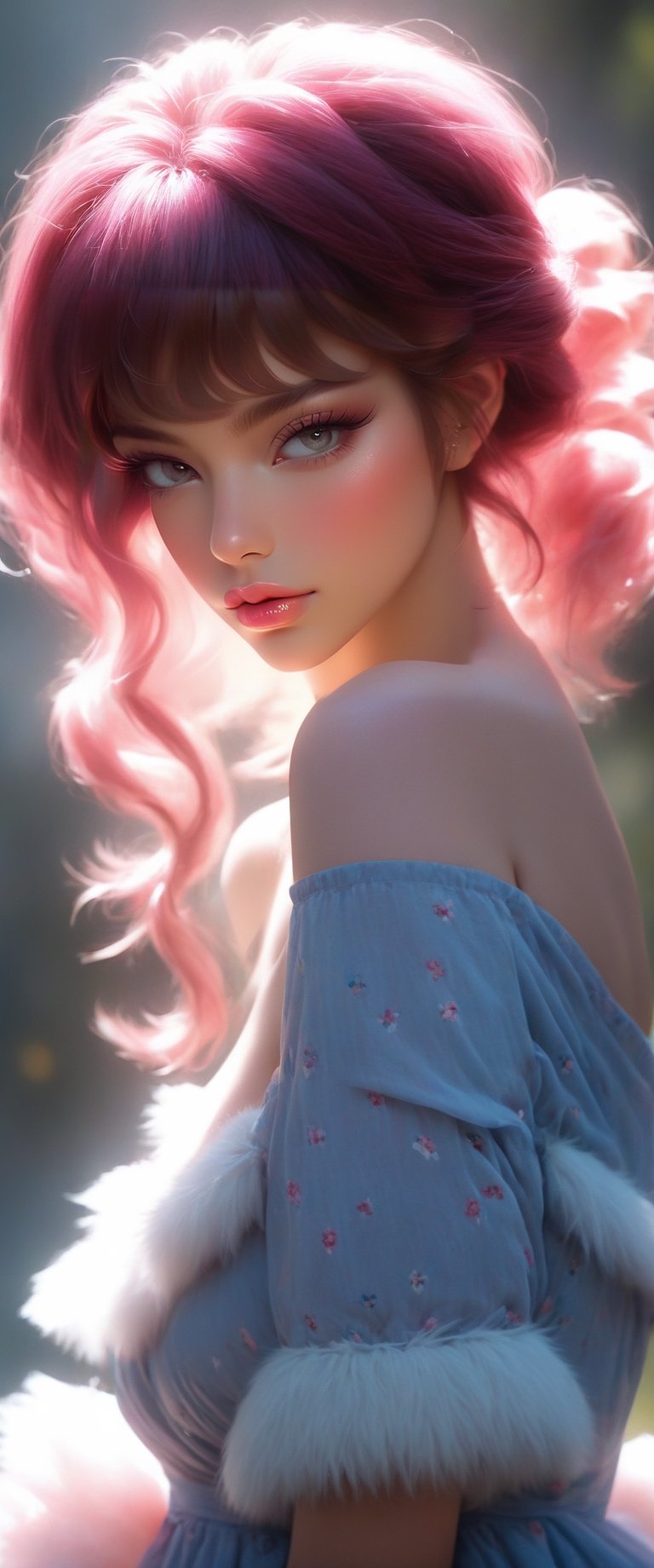 High resolution,extremely detailed,atmospheric scene, masterpiece, best quality, high resolution, 64k, high quality, Full body, SAM YANG, (SFW), (ultra-detailed, ultra highres, uhd), (picture-perfect face, freckles, blush,1girl, (perfect female body), Detailedeyes, Detailedface, Detailedhands, detailedhair, perfecthands, luscious lips, big detailed lips, putty lips, (beautiful gorgeous face), freckles, long eyelashes, best quality, expressive eyes, perfect face, hourglass body shape, (bunny ears), ( bunny tail), ((anthro)), ((ponytails, twintails, pink hair, bangs)), blue eyes, ((pink dress, 1910s clothes, frilly dress, flowing translucent dress, off_shoulder, barefoot)), (white fur), (delicate and graceful movements), ((big natural boobs)), (bending down showing her pretty eyes), shy, EnvyBeautyMix23.
,koh_yunjung,goyoonjung