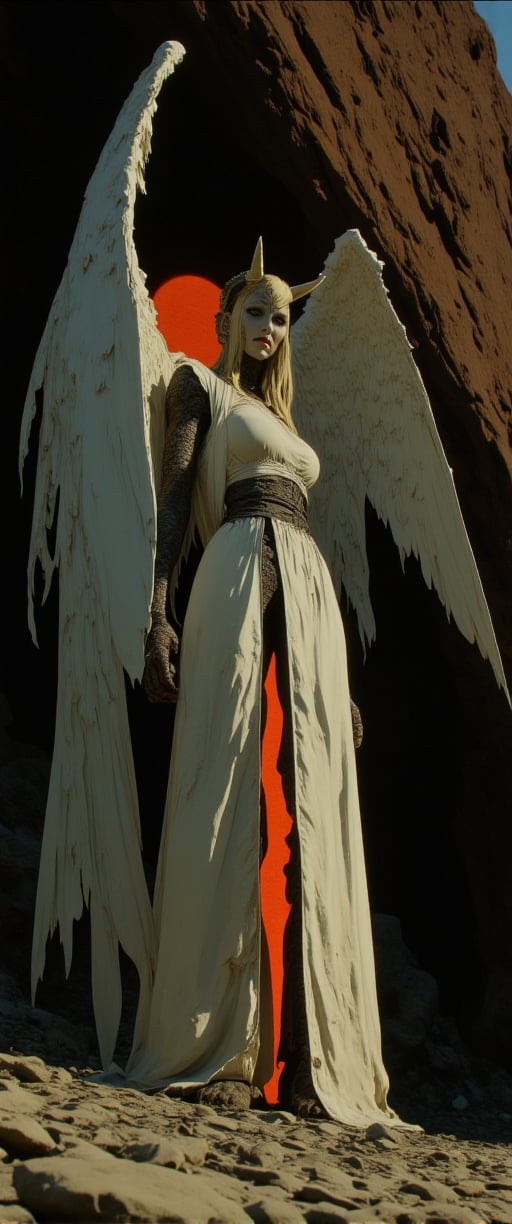 A 70mm lens captures a hauntingly eerie demonic figure, draped in a flowing white robe and expansive wings, illuminated by an intense orange glow against a dark rock face backdrop. The creature's imposing horns on its head add depth, while the rocky cliff and scattered stones create a striking contrast beneath, evoking a sense of foreboding.