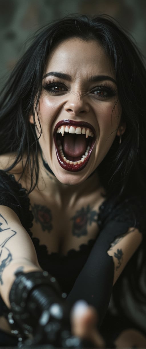 a high-speed action photograph of a beautiful, wicked female vampire. She has very long sharp fangs. She has large, crimson-streaked black eyes filled with malice and desire, extravagant dark eyelashes, perfect crimson rose tattoo, pretty gothic-core punk-style dress and wicked stiletto high heel boots, gleaming black lips, white skin, she exudes evil and dominance. Action shot of her snarling and attacking the viewer. Depth of Field, cinematic atmosphere, beautiful photography, 35mm, Canon EOS 5D Mark IV DSLR, f/5.6 aperture, 1/125 second shutter speed, punk.,ct-skyzo_identity,ct-arix,ct-chainb,ct-dbe,ct-chasartre,ct-bratz,ct-biskitity,ct-hyuntity,ct-leetity