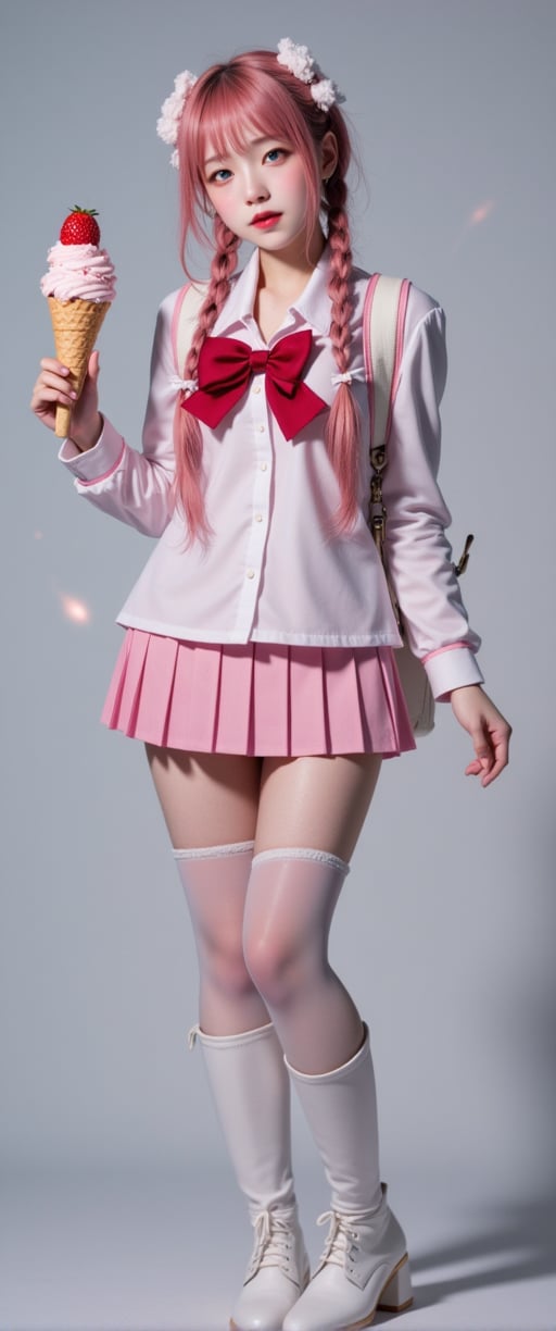 A cinematic reality film scene unfolds: a voluptuous Korean sexy beauty model, with oversized blue eyes and a gorgeous face, stands solo against a grey background. Her long, pink-haired braids are tied with hair bows, adorned with ahoges. She wears a white serafuku uniform with a pleated skirt, thigh-highs, and a red bow on her backpack. In one hand, she holds a popsicle, while in the other, a strawberry ice cream cone reflects off her thigh-high boots. Her detailed features, from blush to navel, are captured in stunning focus against a misty backdrop, as sparks of light dance across her face. The soft lighting and depth of field create a sense of intimacy, drawing the viewer's attention to her smiling, idolic beauty., ct-virtual_jisoo, ct-jissoo