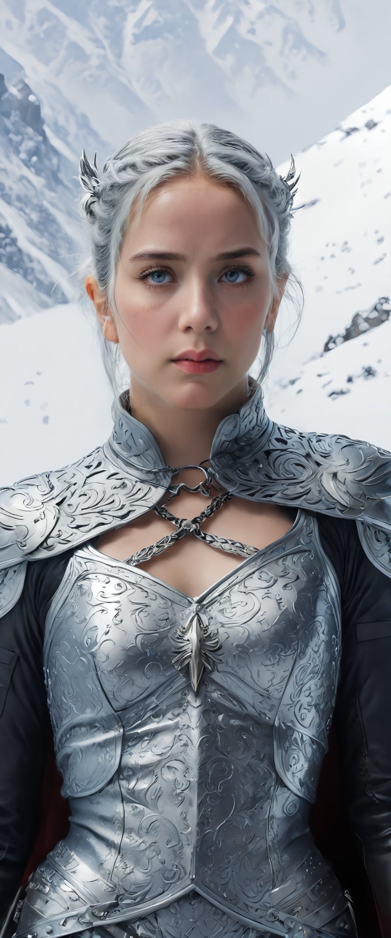 A regal warrior stands tall in a snowy outdoor setting. She's adorned in intricate armor, with twin braids framing her face and a crown resting atop her head. Her white hair flows down her back like a river of snow. Her grey eyes blaze with anger as she gazes directly at the viewer, her medium-sized breasts visible through a cutout in her cape. A sword hangs at her side, its hilt wrapped in brown leather. Her gloves are a deep shade of crimson, matching the color of her pointed ears. A braid extends from each ear, adding to the overall sense of regality. The cold wind whispers secrets as she stands firm, her gaze piercing through the frosty air.