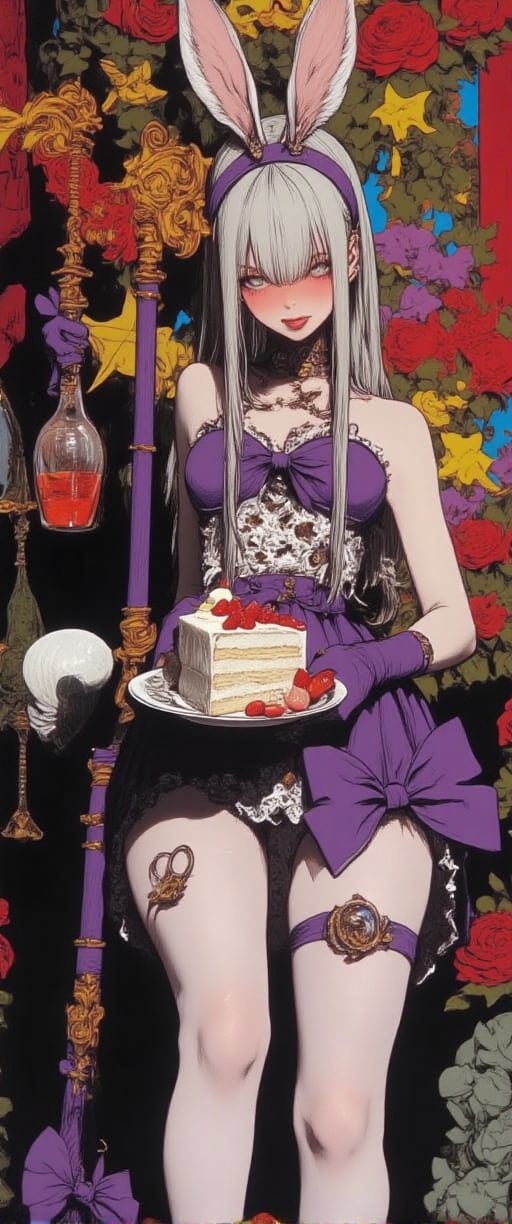 A majestic 70mm lens masterpiece: An eccentric fantasy girl stands confidently in front of a colorful backdrop in a short-sleeved ruffled dress and thigh-high white stockings. Her long grey hair flows down her back and is tied with a purple ribbon, on top of which she has bunny ears. She stares straight at the viewer with a blush on her cheeks and playfully sticks out her tongue while holding a plate with a slice of strawberry cake and a bottle of sparkling drink. A crescent-shaped walking stick adorned with stars and star symbols leans against her leg. Her outfit is completed with purple bow-tie-like gloves that match her footwear. The overall atmosphere is vibrant, excited and playful. VNS_Add more details,Color,1girl
