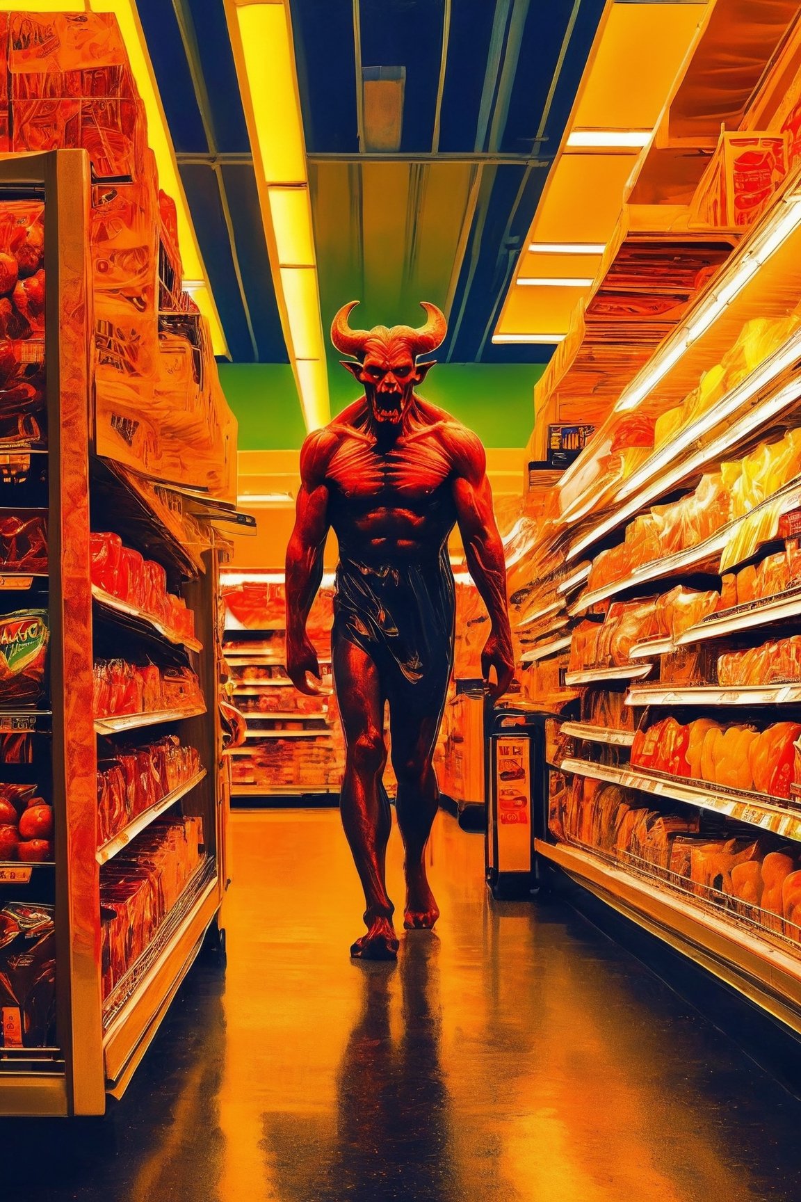  a demon doing the last shopping in the supermarket,. dark tense and unsettling atmosphere.walmart,.,, reflections, , groceries,fear,  By renowned artists such as ,, Francis Bacon, . Resolution: 4k.,,aw0k euphoric style,IMGFIX, JunjiIto_qz