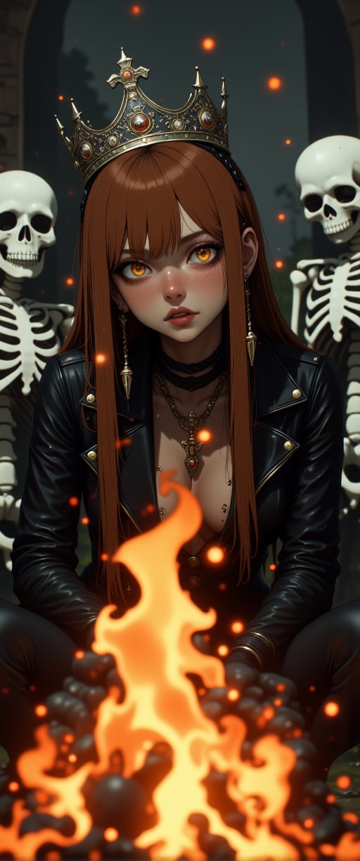 A dramatic shot frames the woman in a black leather outfit, adorned with a striking  regal crown, her face painted with bold black eye makeup against her vibrant brown hair. Before her, a blazing fire burns brightly, its warmth and light contrasted by the stark black and white backdrop. To either side, two skeletons loom, their bony forms adding an eerie presence to the scene.