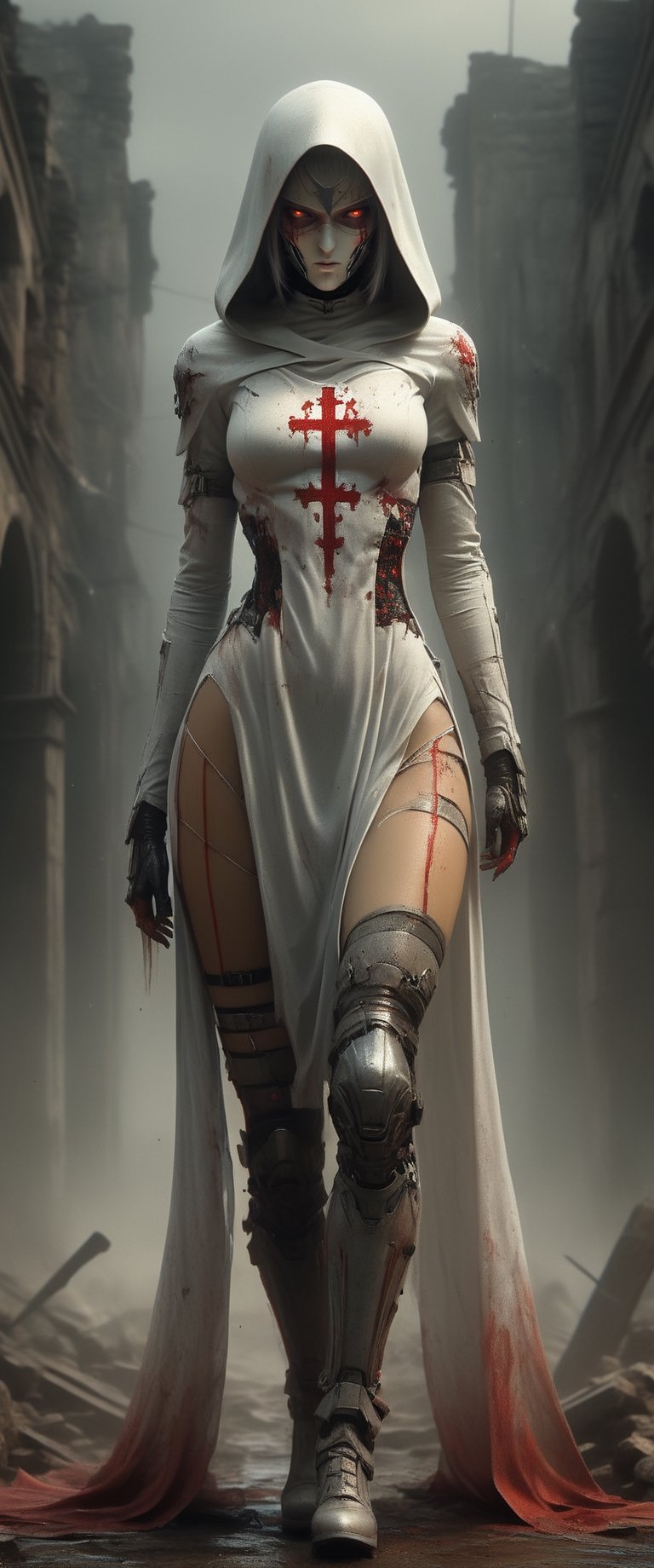 masterpiece, biomechanical legs, combat nun warriror, angry ,, stands arms on hips, red hood, combat ready in an dusty city post apocaliptic ruins, covered in dust, antion shot, movie still, volumetric light, dark and moody style, tense athmosfere, intrincate details, ultra high detallieded, Shattered Armor, rainy, mud,digital artwork by Beksinski,hubg_mecha_girl,darkart