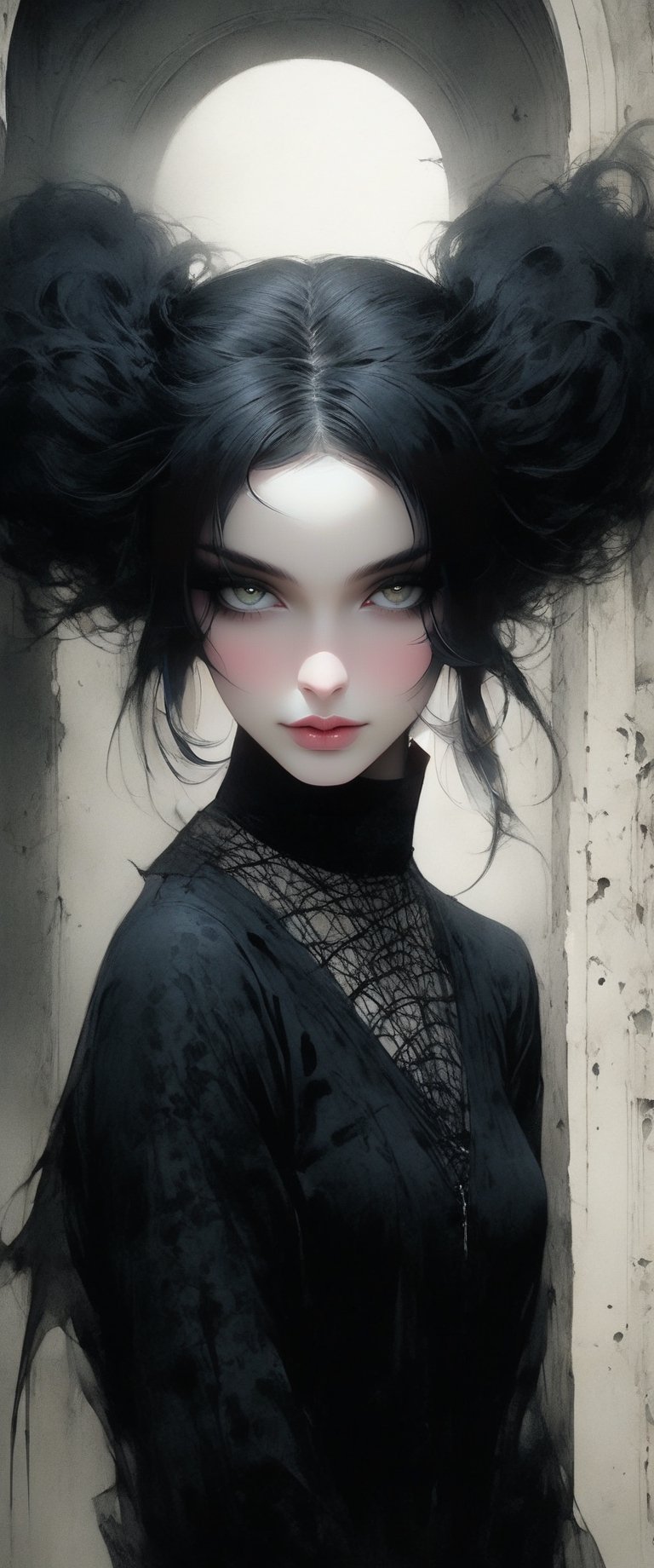 Mysterious dark watercolor creepypasta illustration,  girls looks like death in comics The Sandman line art watercolor was...