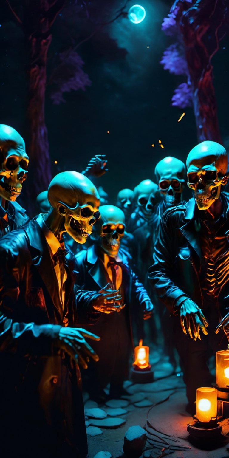 a group of skeleton dj dancing in a cementery party,  ,  . dark tense and unsettling atmosphere.cementery by ctmaker on Te...
