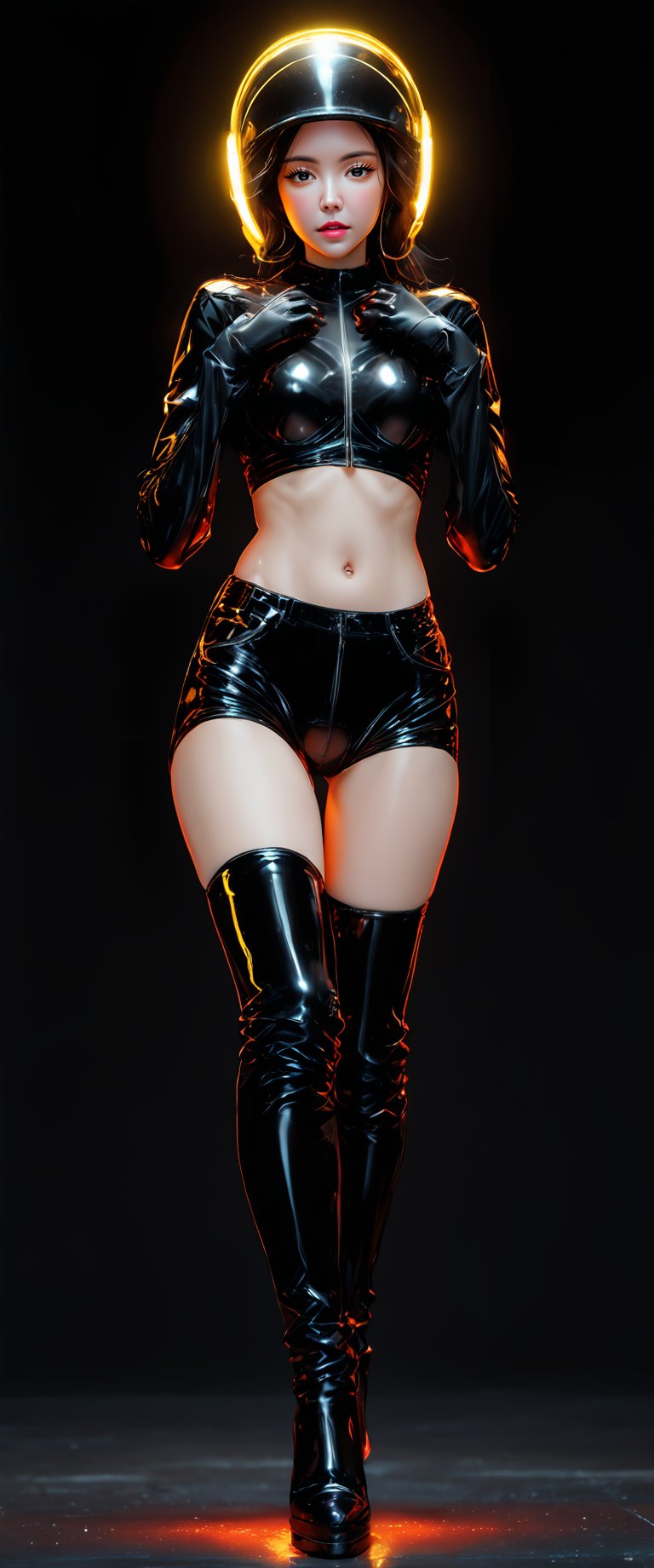 A solo android sitting confidently in a simple black background, surrounded by a yellow neon triangle advertisement. Her semi-nude figure is clad in tight latex with neon implants, garter belt, and stockings, paired with over-knee boots. The Biker's full-face helmet has a striking sticker on the side. Legs spread wide, , she exudes sensual confidence. The floor reflects the neon lights, creating a futuristic ambiance., ct-eujiiin