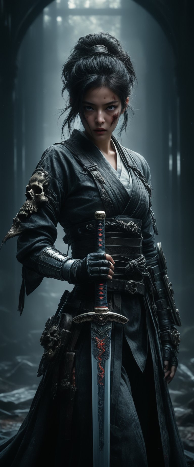 breathtaking RAW photo of female (dead space bloodborne,  futuristic cyberpunk big dragonslayer sword,  video game villain...