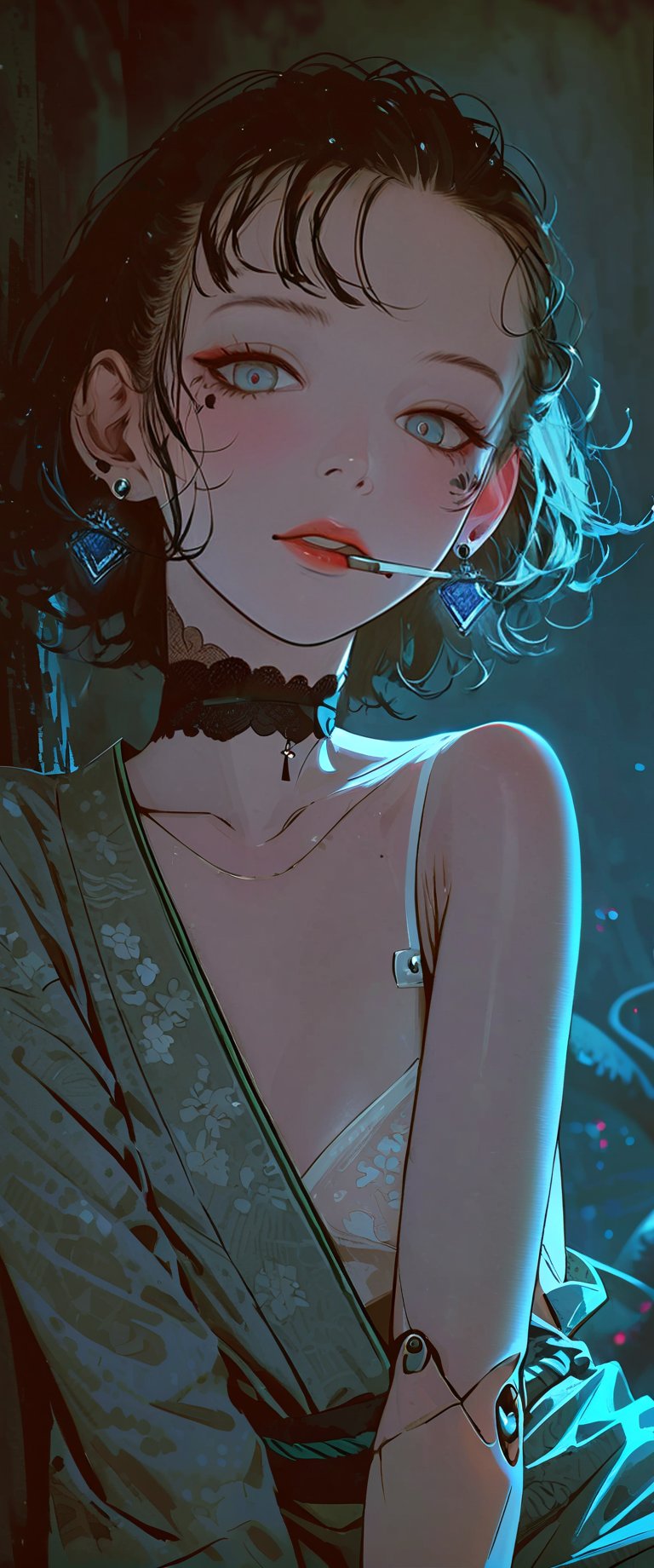 In a dimly lit, smoky cyberpunk club, a femme fatale cyborg sits solo, her mechanical joints gleaming in the flickering light. Her striking features, framed by short hair and bangs, are adorned with jewelry and a black choker. A cigarette dangles from her lips as she pets a snake that gazes directly at the viewer. She wears a revealing seethrough kimono, paired with Japanese-style earrings, and holds a katana surrounded by the dark, gritty atmosphere. Her gaze is sultry, exuding an air of sexy sophistication, as if inviting the viewer to enter her world. The scene is set in a Conrad Roset-inspired style, with a focus on dark, muted tones and industrial textures.,core_9,scary