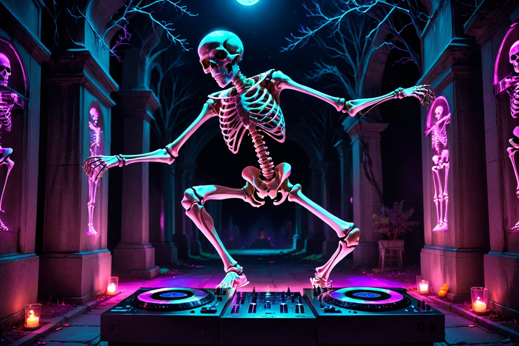 a skeleton dj dancing in a cementery party,  ,  . dark tense and unsettling atmosphere.cementery by ctmaker on Tensor.Art