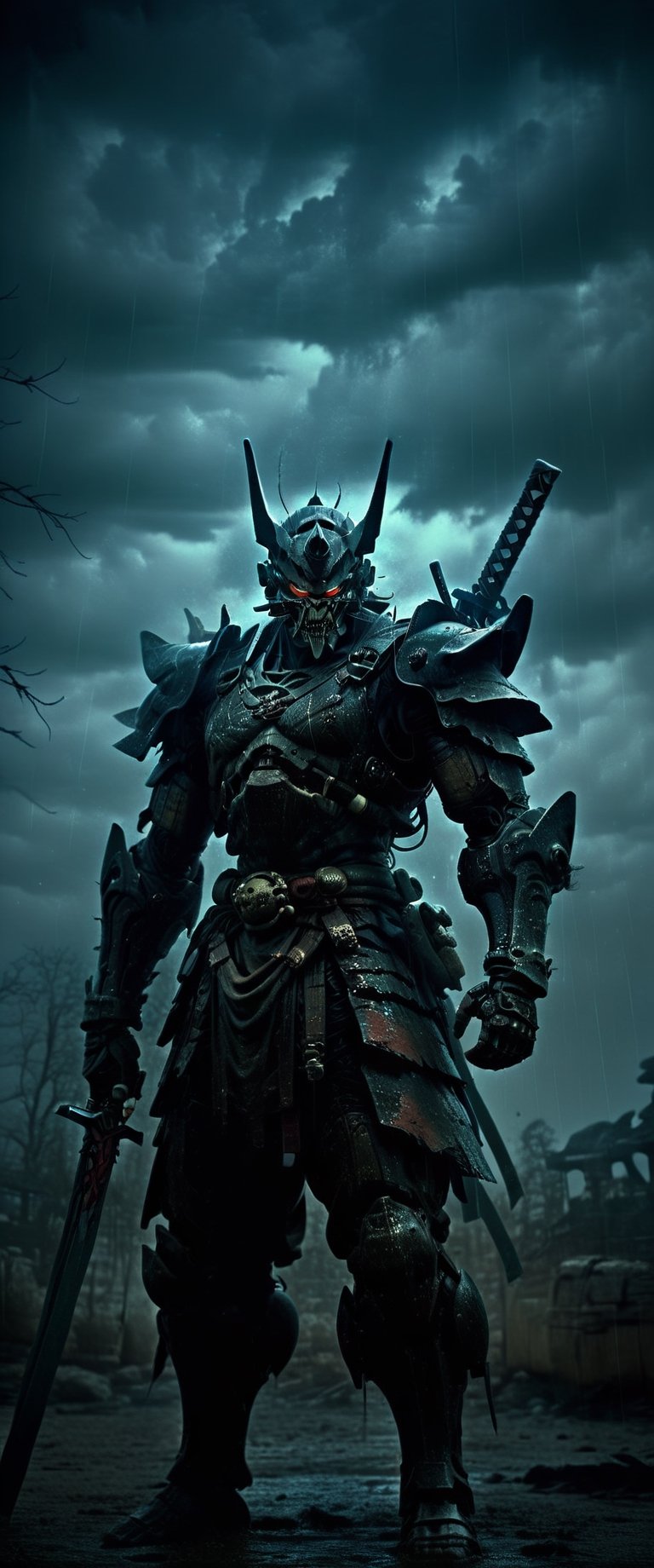 cyber Samurai with a huge sword looks at the enemy,  stands after the battle,  oni robot mask by ctmaker on Tensor.Art