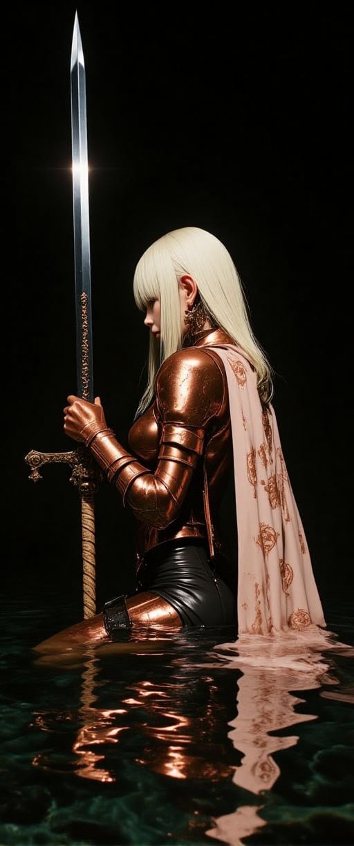 Prompt: Within a carbon black ambiance, a solitary female figure clad in rose-gold armor stands partially submerged in a mirrored expanse of water, her posture an enigmatic blend of contrapposto as she holds a glowing luminiscent runes sword. Platinum hair flows down her back like liquid metal. A dynamic three-quarter shot captures the tableau from slightly below eye level, imbuing the subject with regality. The camera emphasizes the juxtaposition of delicate features against armor's hard lines, shimmering reflections on the water's surface, and subtle interplay of light and shadow dancing across her form.,ct-naeun7,ct-kds.,ct-naeun7,ct-kds,ct-amantity,ct-hyuntity,ct-chainb,ct-totpot