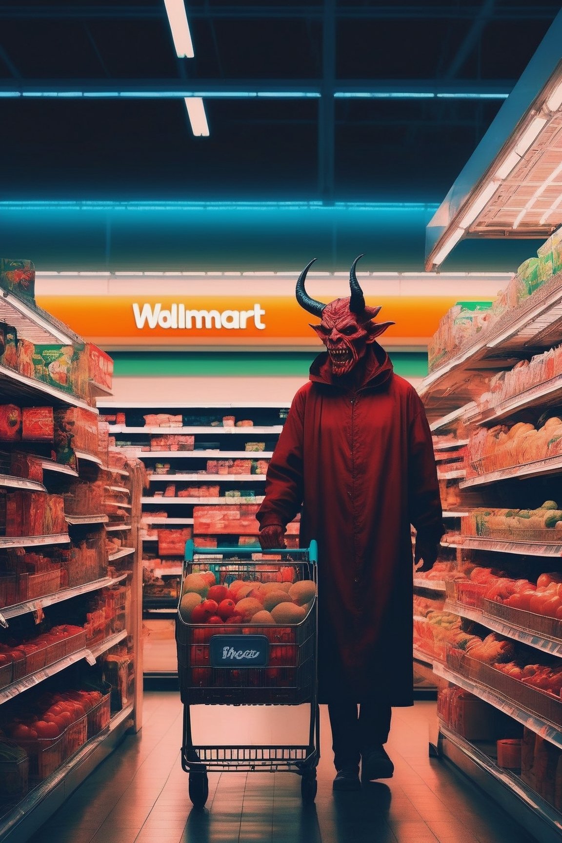  a demon doing the last shopping in the supermarket,. dark tense and unsettling atmosphere.walmart,.,, reflections, , groceries,fear,  By renowned artists such as ,, Francis Bacon, . Resolution: 4k.,,aw0k euphoric style