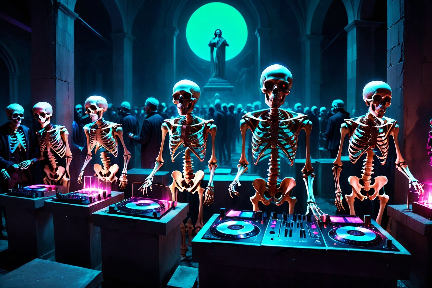 a group of skeleton dj dancing in a cementery party,  ,  . dark tense and unsettling atmosphere.cementery by ctmaker on Te...