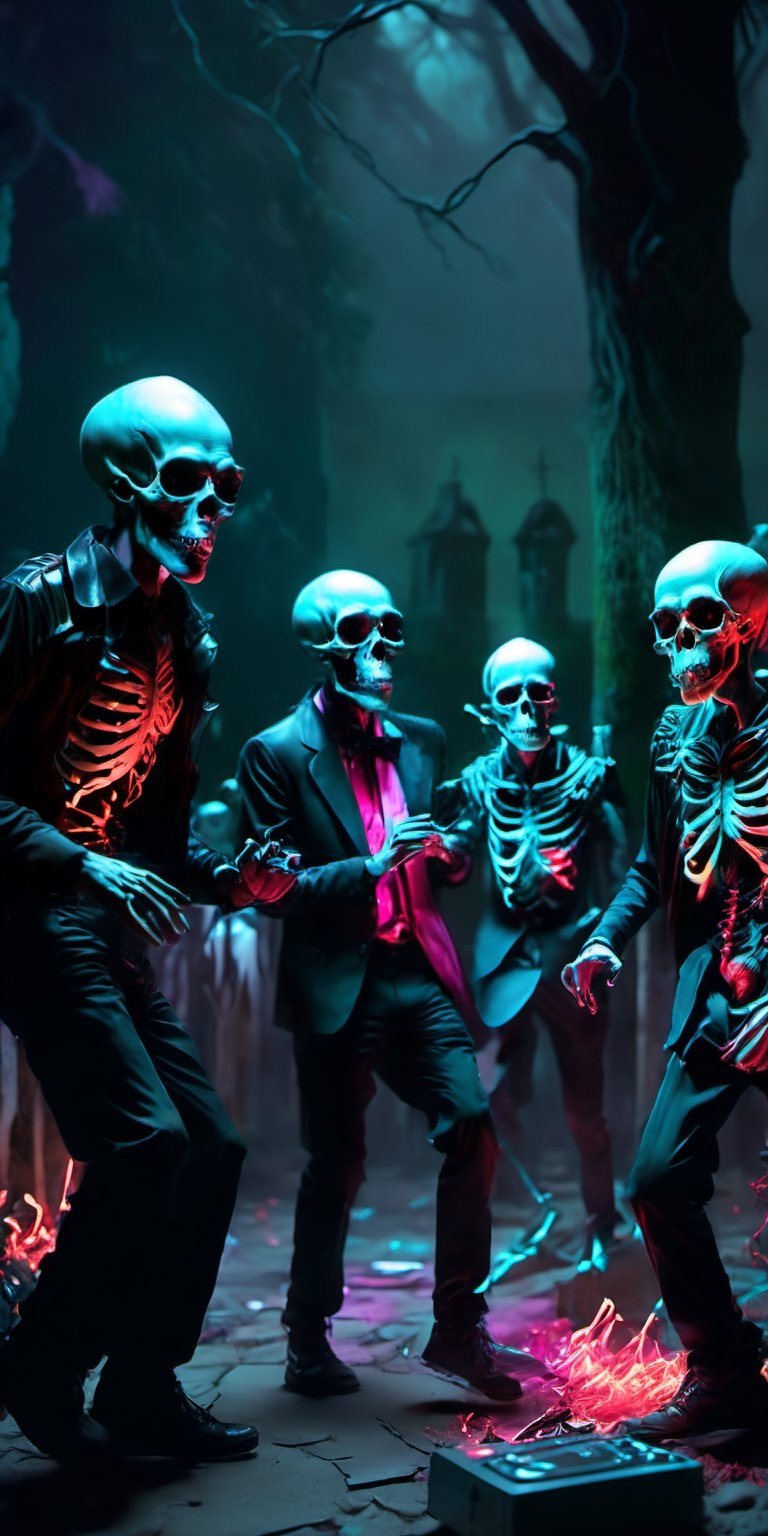 a group of skeleton dj dancing in a cementery party,  ,  . dark tense and unsettling atmosphere.cementery by ctmaker on Te...
