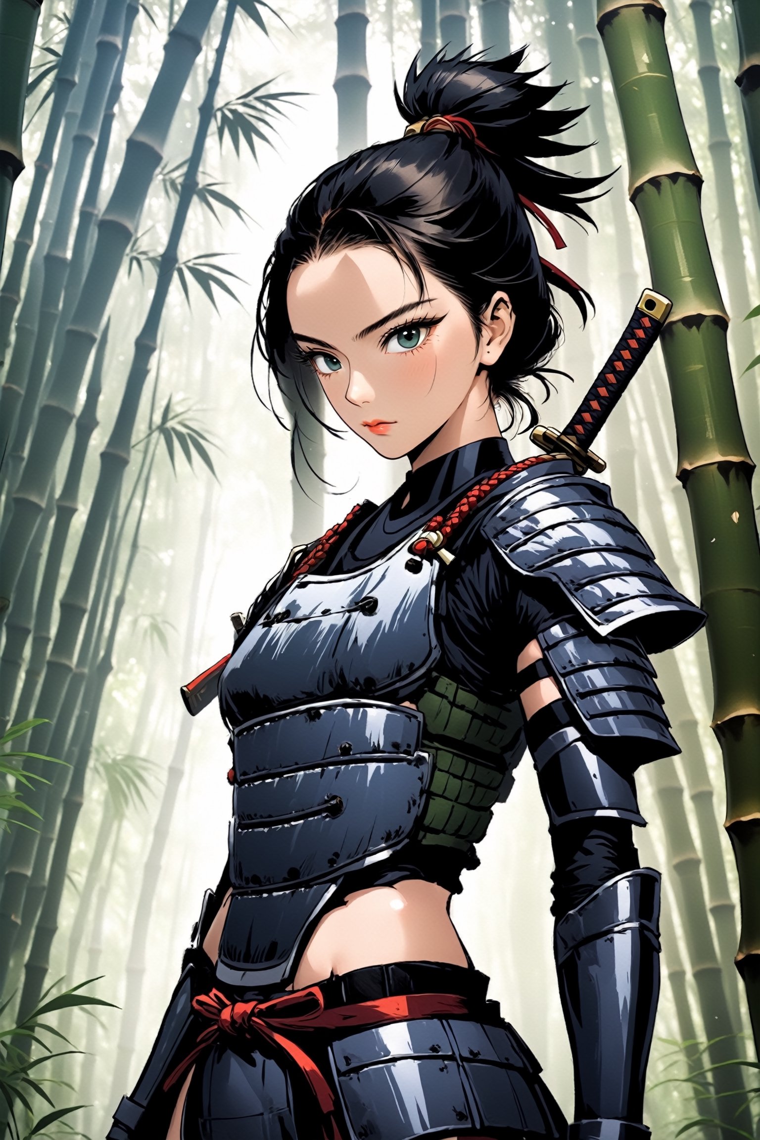 poster of a sexy woman  [samurai]  in a  [bambu forest ], midnight , eye angle view, designed by mike mingola,aw0k nsfwfactory,aw0k magnstyle,danknis,sooyaaa,Anime ,cyborg style