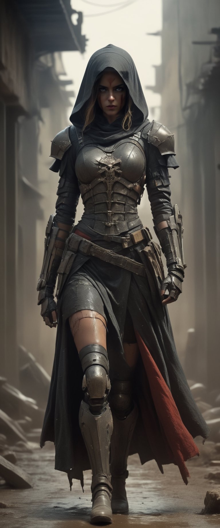 masterpiece, biomechanical legs, combat nun warriror, angry ,, stands arms on hips, red hood, combat ready in an dusty city post apocaliptic ruins, covered in dust, antion shot, movie still, volumetric light, dark and moody style, tense athmosfere, intrincate details, ultra high detallieded, Shattered Armor, rainy, mud