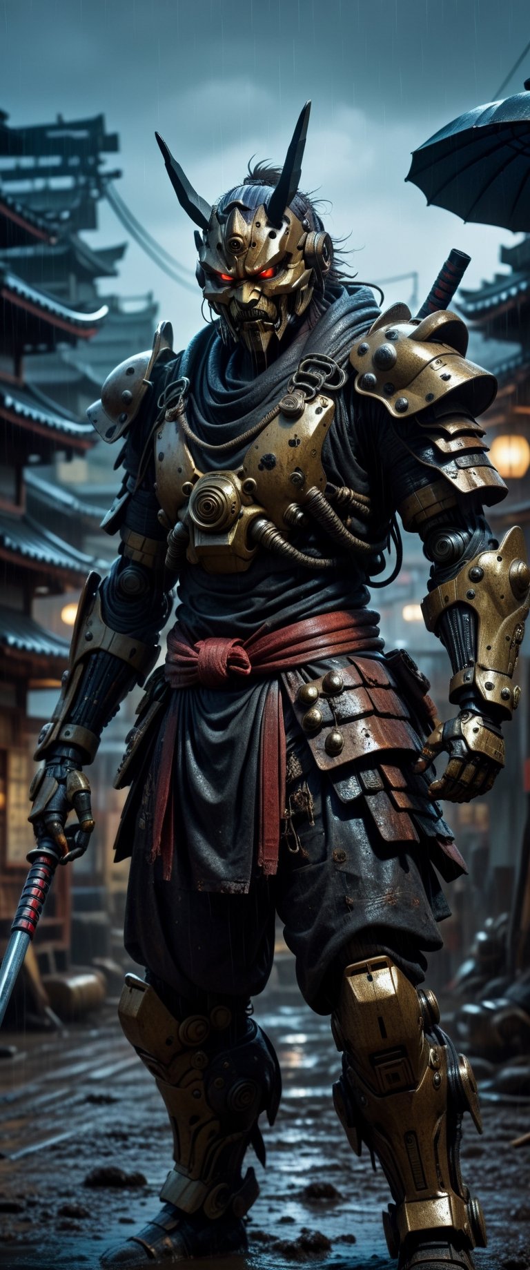 cyber Samurai looks at the enemy,  stands after the battle,  oni robot mask by ctmaker on Tensor.Art